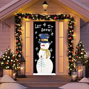 Christmas Snowman Door Cover Merry Christmas Door Decorations Cute Snowman Door Cover Winter Xmas Snowflakes Backdrop Door Cover Party Outdoor Indoor Home Christmas Decor