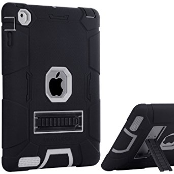 iPad 4 Case, iPad 2 Case, iPad 3 Case, BENTOBEN Kickstand Full-body 3 IN 1 Soft&Hard Protective Heavy Duty Rugged Shockproof Drop Resistance Anti-slip Cover for Apple iPad 2/3/4 Retina,Black/Gray