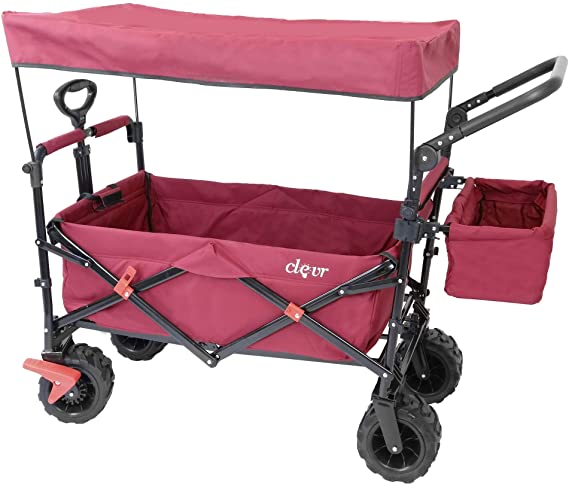 Extra Large Foldable Outdoor Wagon Cart with All Terrain Wheels and Canopy, Red 265 Lb Capacity, Easy Folding Collapsible Utility Garden Transport Trolley, Great for Beach, Park, Sports, Parties