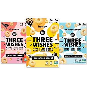 Three Wishes Grain Free, Plant Based Cereal Variety Pack | More Protein, Less Sugar, Zero Grains | Three Flavors | Cinnamon, Honey, Unsweetened | 8.6 oz, 3-Pack