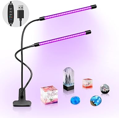 LED UV Light Dual Head with USB, 395nm-405nm Dimmable UV Light with Clip, Glow in The Dark, 20W Black Lamp for Party, Stage, UV Glue Curing Resin Paint, Collection, Aquarium