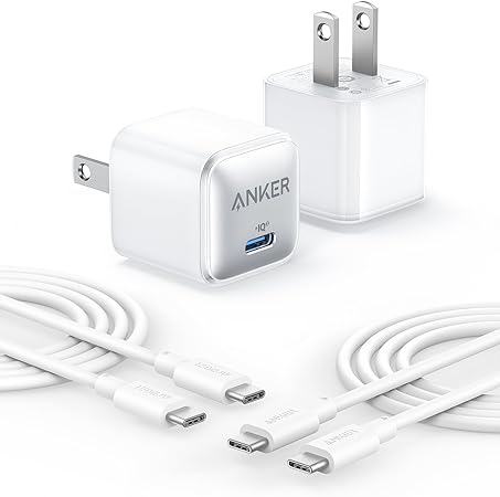 Anker Nano Charger, 2-Pack 20W Compact Fast Charger with PowerIQ Technology, for iPhone 15/15 Plus / 15 Pro / 15 Pro Max, Galaxy, Pixel 4/3, iPad, and More (2 USB-C Cables Included)