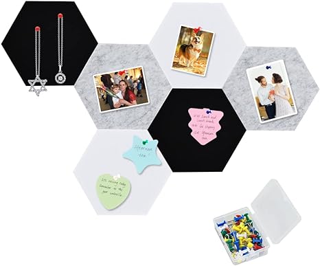 Vuzvuv 6 Pcs Black White Gray Hexagon Cork Board Bar Strips with 50 Pushpins & Sticky Notes, Self-Adhesive Bulletin Board Strips No Damage for Wall, Felt Pin Board for Paste Notes, Photos, Offices