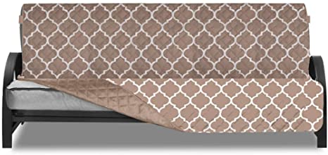 Sofa Shield Original Patent Pending Reversible Futon Protector, Many Colors, Seat Width to 70 Inch, Furniture Slipcover, 2 Inch Strap, Daybed Couch Slip Cover Throw for Pet Dogs Kids, Quatrefoil Mocha