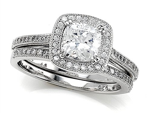 Zoe R Sterling Silver Micro Pave Hand Set Cubic Zirconia Halo 6mm Cushion Cut Center Wedding Set