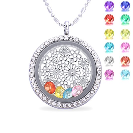Feilaiger 30mm Round Magnetic Closure Floating Living Memory Lockets Pendant Necklace,All Charms Include