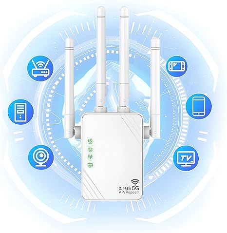 FiveBox WiFi Repeater, WiFi Extender, WiFi Amplifier 1200Mbps 5GHz / 2.4GHz Dual-Band Anti-Jamming, Repeater/Router/AP Mode, Signal Booster, Intelligent WiFi Extender for Home, Office and more.