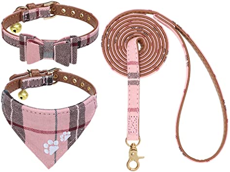 Dog Leash Collar Set - 3 Pack Plaid Pattern Adjustable Escape Proof Leash Collar Set for Outdoor Walking