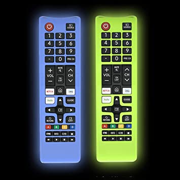 2 Pcs Silicone Cover for Samsung Remote, Alquar Protective Shockproof Case Compatible with Samsung Smart TV Remote BN59-01301A Bn59-01315A Bn59-01199F -with Lanyard (Glowing Blue &Green)