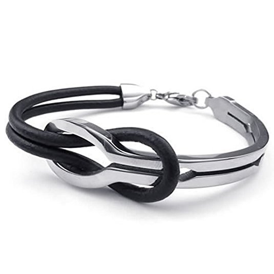 KONOV Mens Womens Leather Stainless Steel Bracelet, Infinity Cuff Bangle, Black Silver