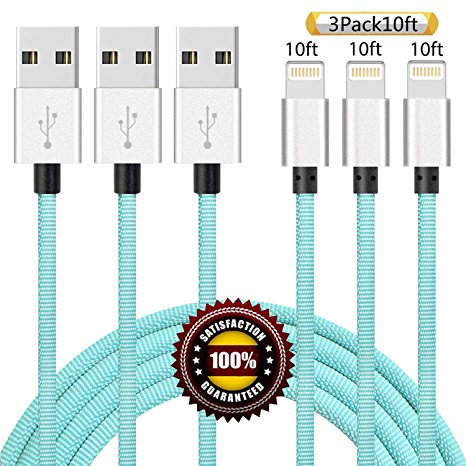 BULESK iPhone Cable 3Pack 10FT Nylon Braided Certified Lightning to USB iPhone Charger Cord for iPhone 7 Plus 6S 6 SE 5S 5C 5, iPad 2 3 4 Mini Air Pro, iPod Nano 7- (Cyan)