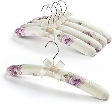 GLCON Satin Padded Hangers for Women Clothing - Floral Sweater Hangers No Bump - Padded Coat Hangers for Wedding - Thick Foam Silk Clothes Hangers for Adult (Pack of 5)