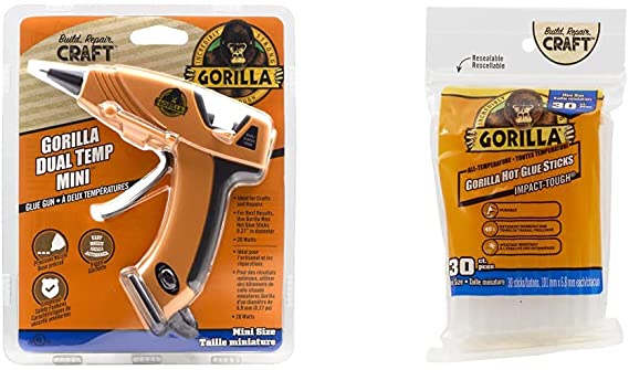 Gorilla Dual Temp Hot Glue Gun, Orange, (Pack of 1) with Hot Glue Sticks, 30 Count, Clear