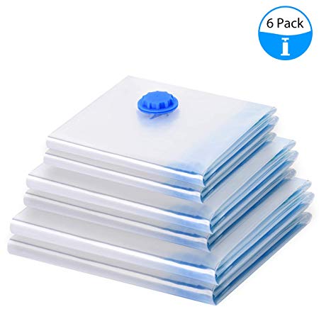 TOPELEK Vacuum Storage Bags 6 Pack (2 Jumbo, 2 Large and 2 Small) Reusable Storage Bags Double Zip Seal & Leak Valve, Save 80% More Storage Space for Clothing Bedding Blankets, With Free Hand-Pump