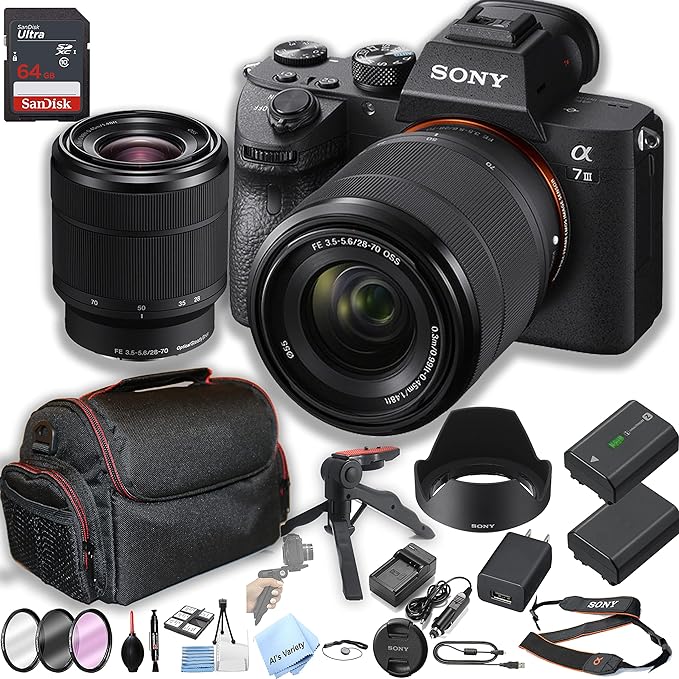 Sony a7 III Mirrorless Camera with 28-70mm Zoom Lens   64GB Memory   Case  Steady Grip Pod   Filters   2X Batteries   Accessory Bundle (Renewed)