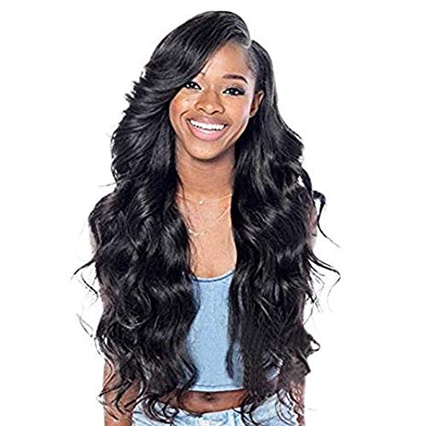 BARSDAR 27'' Natural Black Long Wavy Curly Wig Rose Net Full Head Wigs for Women Side Part Heat Resistant Synthetic Wigs with Light Bangs (8031)