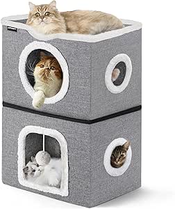 URPOWER 2 Story Cat Bed, Large Cat House for Indoor Cats Covered Cat Cave with Hideaway, Scratch Pad and Fluffy Ball, Foldable Cat Cube Condos Kitten Beds & Furniture for Multiple Small Pets