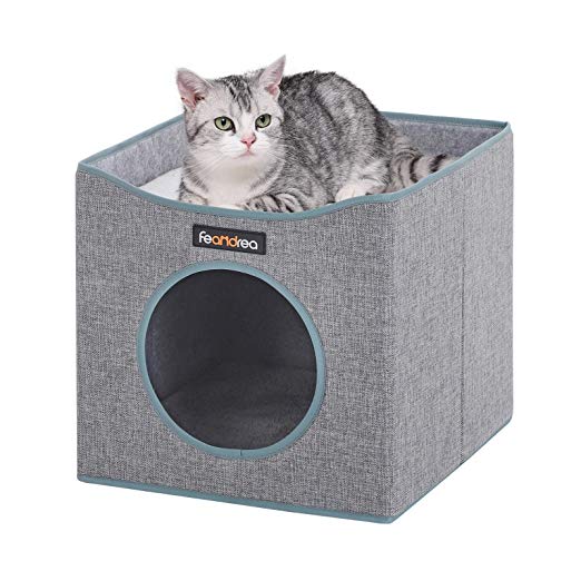 FEANDREA Foldable Cat Condo, Cube Cat House with Lying Surface and 2 Reversible Cushions, Cat Hiding Place, Cat Cave, Linen, Felt and MDF, Scratch Resistant, Grey UPCB04G