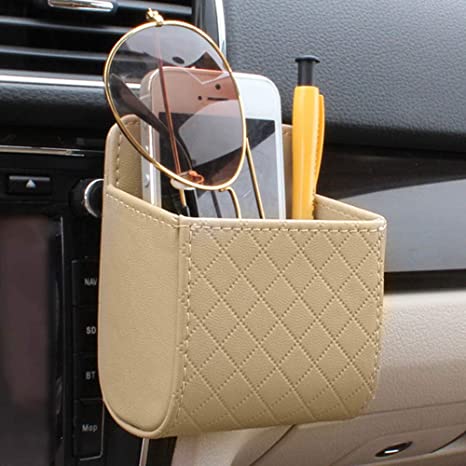 RED SHIELD Car Auto Air Vent Leather Tidy Storage Hanging Bag Case Organizer for Keys, Coin, Cell Phone & Glasses. Universal Vehicle Small Bucket with Hook. Keep Your Car Clean & Organized. [Beige]