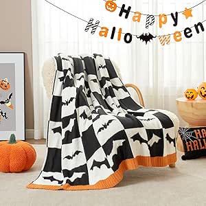 Snuggle Sac Halloween Throw Blanket Black White Checkered Bat Blanket, Halloween Throw Blanket for Couch 50x60 inches, Ultra Soft Decorative Blanket