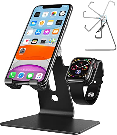 Cell Phone Stand for Apple Watch - OMOTON 2 in 1 Universal Desktop Stand Adjustable Holder for Apple Watch 5/4/3/2/1 and iPhone 11/11 Pro/11 Pro Max/XR/Xs/Xs Max, Black