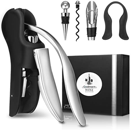 Wine Bottle Opener Corkscrew, Godmorn Red Wine Opener Set 4-in-1 Compact Vertical Manual Corkscrew Wine Bottle Opener with Foil Cutter, Stopper, Pourer,Spare Needle,Black, Stainless Steel,Gift Package