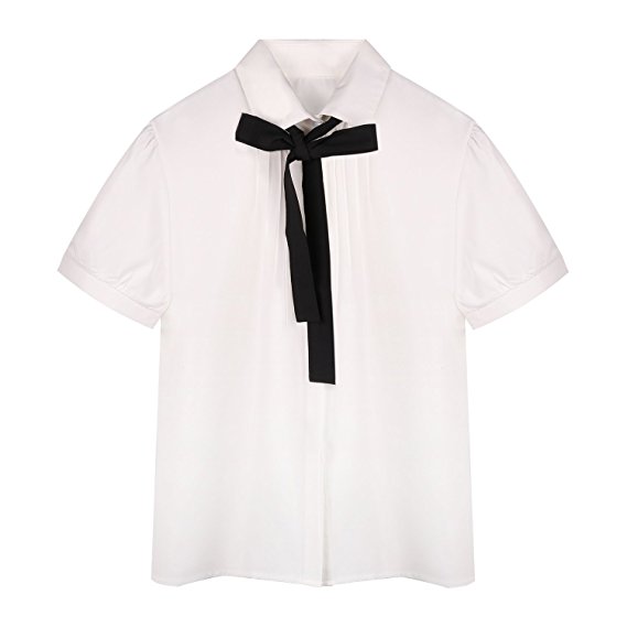 Sankill Sweet Lady Bow Tie White Long Sleeve Button Down Shirt Chiffon Blouse