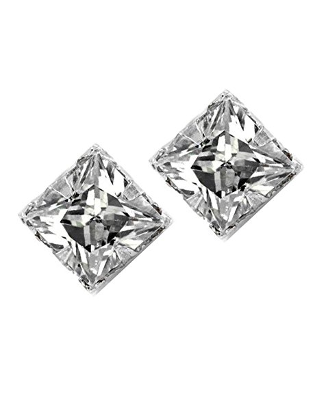 Square Princess Cut Clear CZ Magnetic Men Sterling Silver Stud Earrings 4mm
