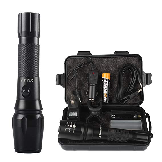 LED Tactical Flashlight Phixton High Lumens Waterproof Rechargeable Handheld XM L2 Zoomable Metal Big Black Flashlight - 18650 Li-on Battery,USB Charger Adapter,Bike Mount, USB Cable,Gift Box Included