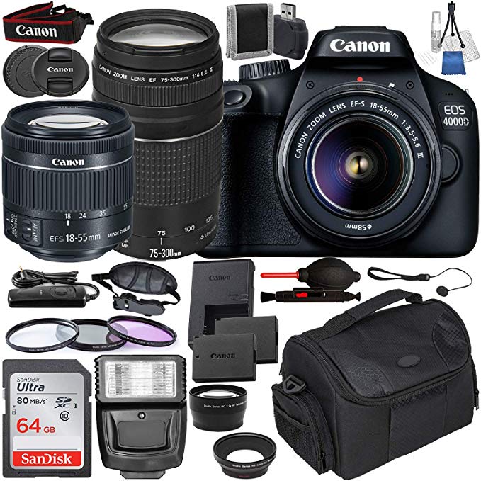 Canon EOS 4000D DSLR Camera with EF-S 18-55mm f/3.5-5.6 III and Canon EF 75-300mm f/4-5.6 III USM Lenses with Starter Accessory Bundle - Includes: Spare Battery Bundle – Digital Slave Flash and More