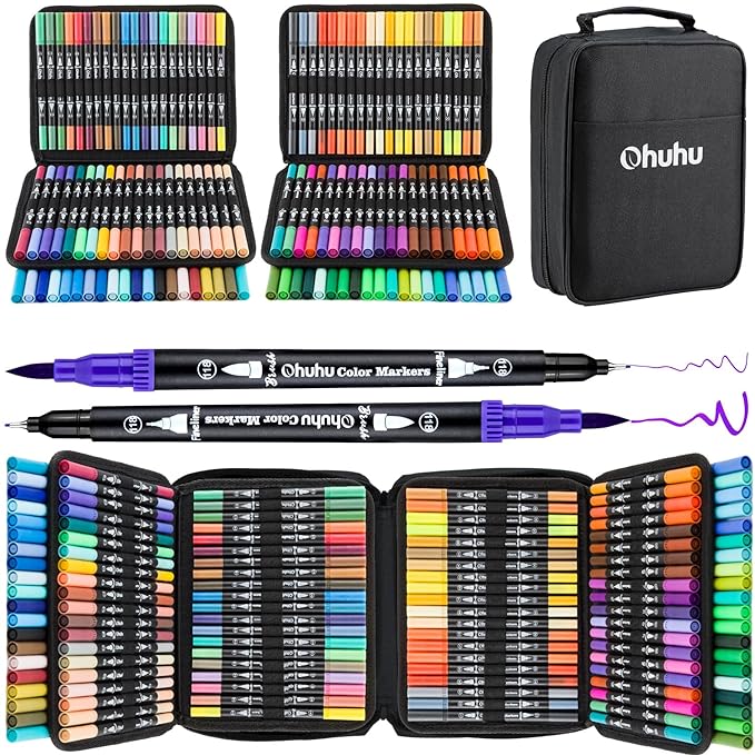 Ohuhu Brush Pen 160 Colours Dual Tip Brush Pens Brush Pens Dual Brush Fine Tip Drawing Pens Water-Based Coloring Markers for Kids Adults Artist Calligraphy Sketching Bullet Journal with Carrying Case