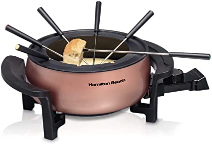 Hamilton Beach 3 Quart / 2.8 Liter 3QT Copper Electric Fondue Pot Set with Temperature Control, 6-Color Coded Forks, for Cheese, Chocolate, Hot Oil, Broth (86201)