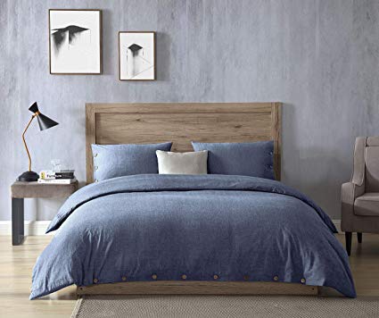 EXQ Home 100% Washed Cotton Denim Blue Duvet Cover Set Twin Size 2 Pcs, Super Soft Hotel Collection Bedding Vintage Comforter Cover with Button Closure (Hypoallergenic, Breathable)