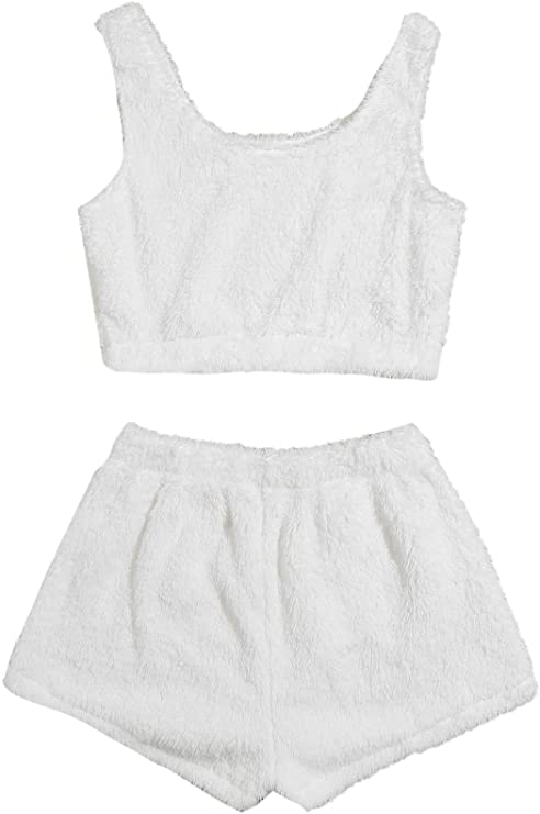 SweatyRocks Women's Pajamas Set Color Block Crop Tank Top Fluffy Shorts Sleepwear Loungewear