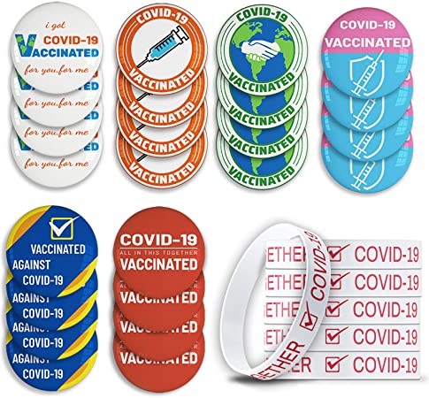 30 Pcs COVID-19 Vaccination Reminding Pack Include 24 Pcs Round Covid-19 Vaccinated Pin Buttons in 6 Designs, 6 Pcs White Covid-19 Vaccination Bracelets
