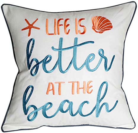 DECOPOW Embroidered Life is Better at The Beach Throw Pillow Cover,Square 18 inches Decorative Canvas Pillow Cover with Life is Better at The Beach Pattern,Cover Only