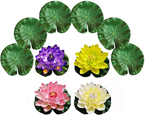 PIXHOTUL 10 Pcs Artificial Floating Pond Decoration Water Floating Lotus Flowers and Lotus Leaves for Pond Decor (7" / 18cm)