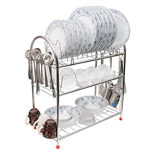 Kurtzy Stainless Steel Rack 3 Tier Dish Drainer Crockery Cutlery Plates Holder Glass Organizer