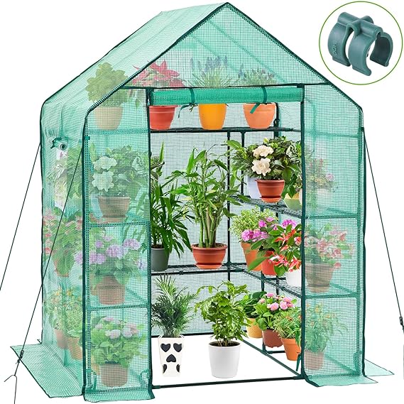 Greenhouse for Outdoors with Screen Windows, Ohuhu Upgraded 3 Tiers 11 Shelves Walk-in Greenhouses with Durable PE Cover, Outside Garden Plastic Green House with Ground Pegs & Ropes for Stability