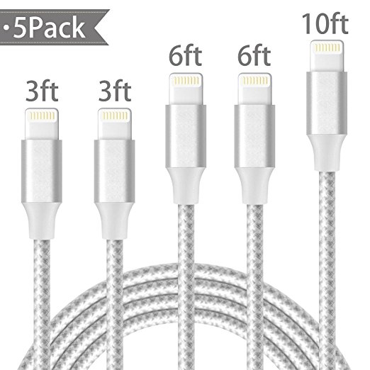 Lightning Cable,ONSON Charger Cables 5Pack 3FT 3FT 6FT 6FT 10FT to USB Syncing and Charging Cable Data Nylon Braided Cord Charger for iPhone 7/7 Plus/6/6 Plus/6s/6s Plus/5/5s/5c and more-SilverWhite