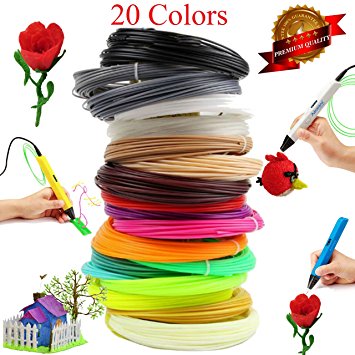 3D Printing Pen Filament Refills - 1.75mm ABS Plastic 328 Linear Feet Pack of 20 Different Colors 16.4 feet each, Included 2 Glow in the Dark. Each Color in a Separate Vacuum sealed pack for easy use