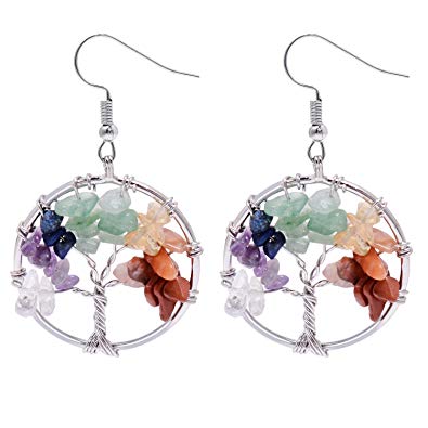 Sedmart Tree of life Drop Amethyst Rose Crystal Earrings Gemstone Chakra Jewelry Best Gifts