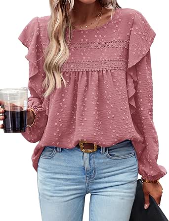 BTFBM Women's Casual Long Sleeve Blouse Ruffle Trim Crew Neck Crochet Loose Swiss Dot Flowy Babydoll Shirts Tunic Tops