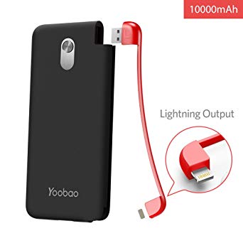 Portable Charger iPhone Yoobao Power Bank 10000mAh with Built-in Cable External Battery for iPhone X 8 7 6 plus iPad,Replace Cable to Charge Android Phone Samsung LG Huawei etc - USB Lightning(Black)