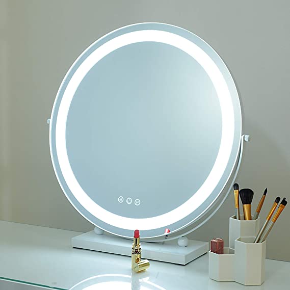 SHOWTIMEZ Lighted 19.69" Round Vanity Mirror, Tabletop 360 Degree Rotation Makeup Mirror with LED Strip and Touchscreen Control