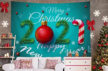 Christmas Wall Hanging Tapestry Decor-(2020 NEW) Bedroom Dorm Living Room Xmas Backdrop Photography Wall Decor Gift Idea Blue Background 2021 Happy New Year Spruce Walking Stick Big Large Small S