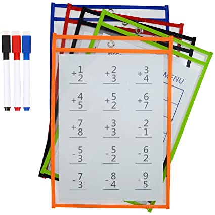 Godery Reusable Dry Erase Pockets, 5 Pockets per Pack 9 x 12 Inches, Write and Wipe Pockets & 3 Wipe Off Markers, Assorted Colors - Ideal to Use at School or at Work