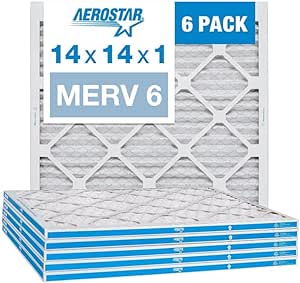 Aerostar 14x14x1 MERV 6 Pleated Air Filter, AC Furnace Air Filter, 6 Pack (Actual Size: 13 3/4"x13 3/4"x3/4")