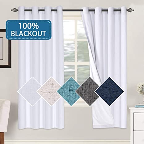 Full 100% Blackout Curtain for Bedroom Linen Textured Thermal Insulated Drapes and Curtain with White Liner for Nursery & Infant Care Primitive Linen Look Curtain 2 Panels (52 x 72 Inch, White)