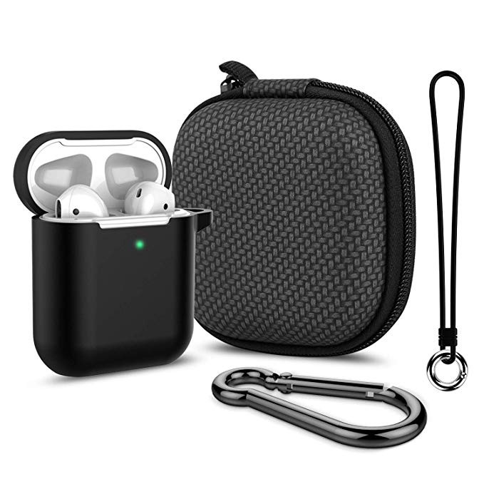 Airpods Case, Music tracker Thicken Protective Airpods 2 Cover Soft Silicone Earbuds Case [Front LED Visible] with Carabiner/Anti-Lost Lanyard/EVA Storage Bag for Apple Airpods Gen 2 (Black)